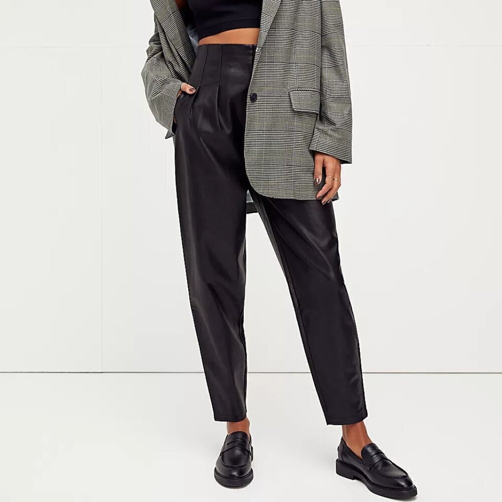 Free People Cecily high rise pleated faux leather pants black barrel taper leg 4